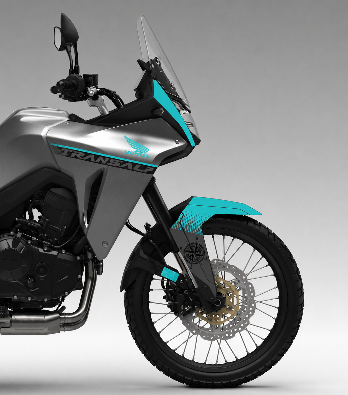 Honda-transalp-XL-750-grise-garde-boue-avant-tete-de-fourche-turquoise-ORIGINE-noir-stickers-autocollants-burn-out-design