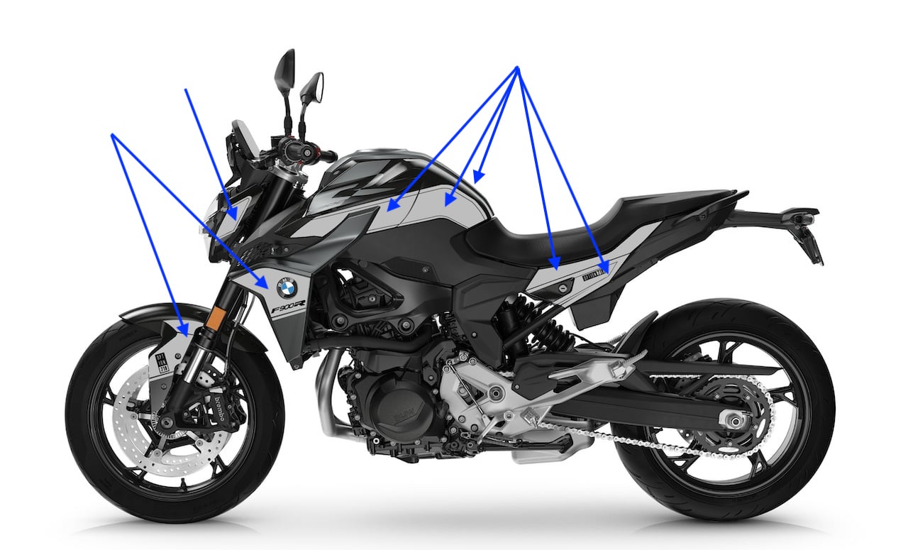 Kit Déco BMW F900R Design PREMIUM 719 (2020-2025+) – Stickers Moto | Burn-Out Design