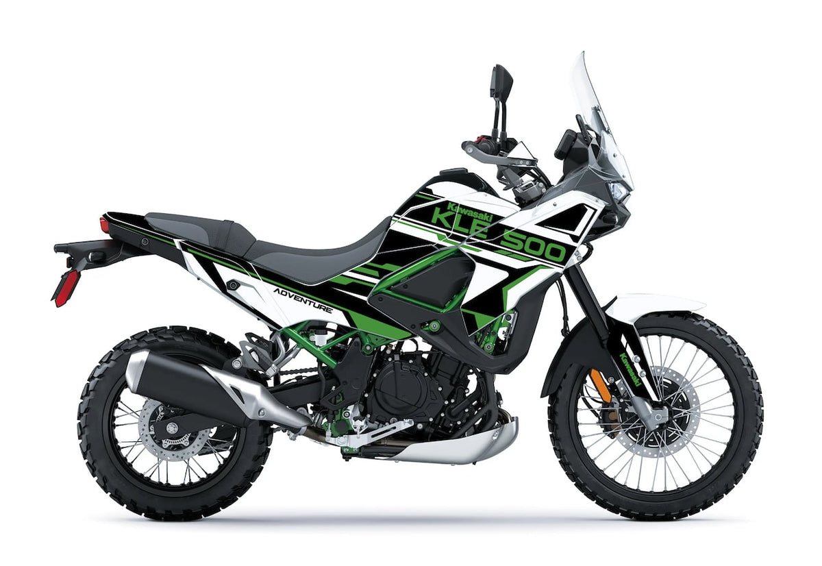 Kit déco Kawasaki KLE 500 SE – RALLYE RACE Blanc et vert – stickers moto thermoformables – Burn-Out-Design