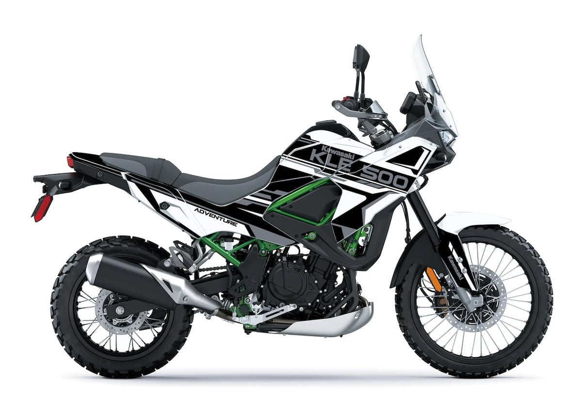 Kit déco Kawasaki KLE 500 SE – RALLYE RACE Blanc et Noir– style compétition – Burn-Out-Design