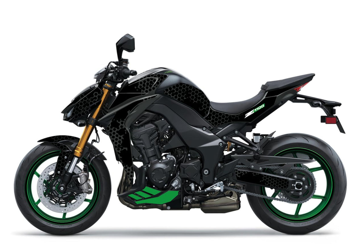 Kawasaki-Z-1100-Z1100-roadster-personnalisation-kit-deco-stickers-burn-out-design-Noir-WASP-Gris-Vert