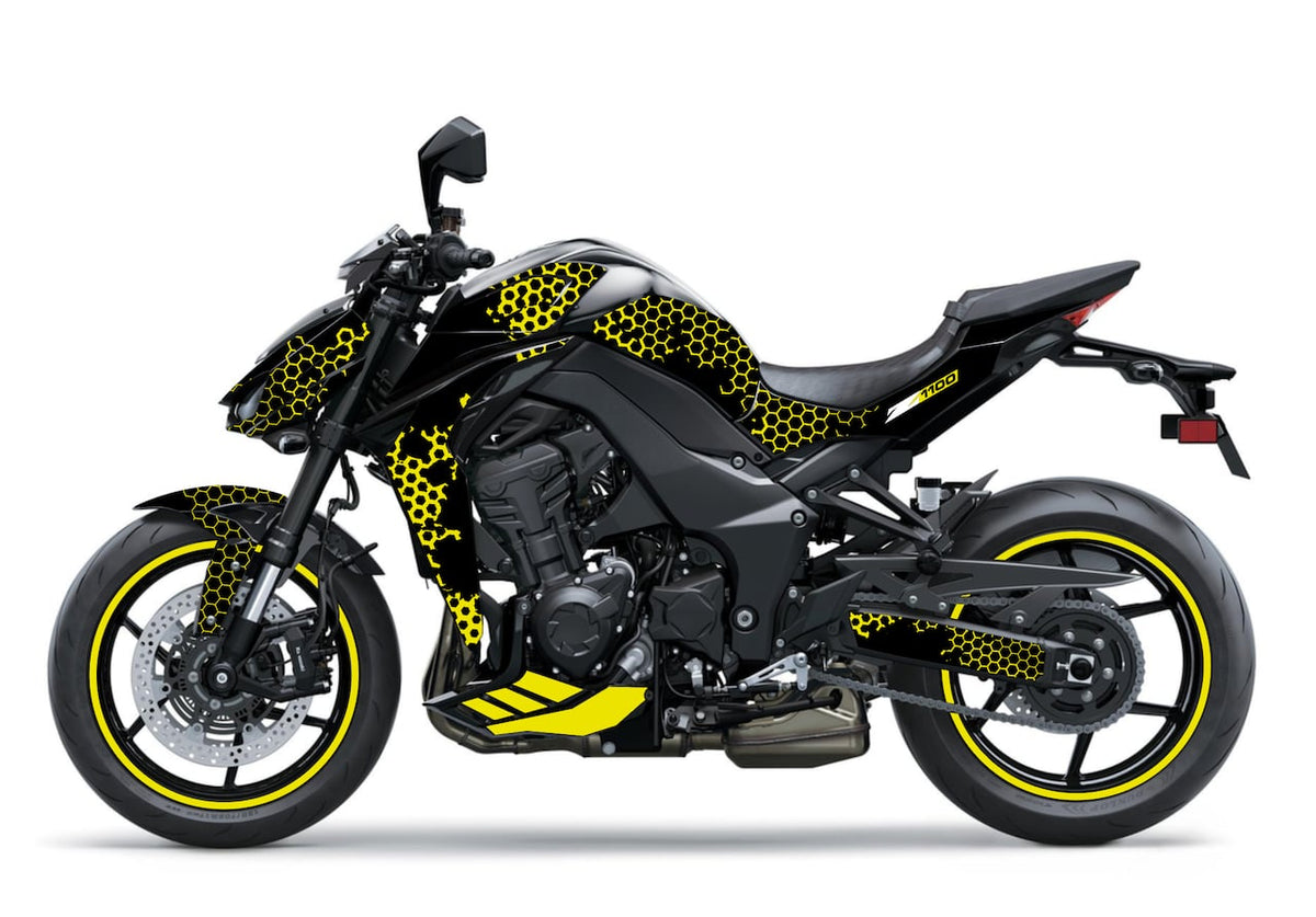 Kawasaki-Z-1100-Z1100 roadster-personnalisation kit-deco stickers burn-out-design Noir WASP Jaune
