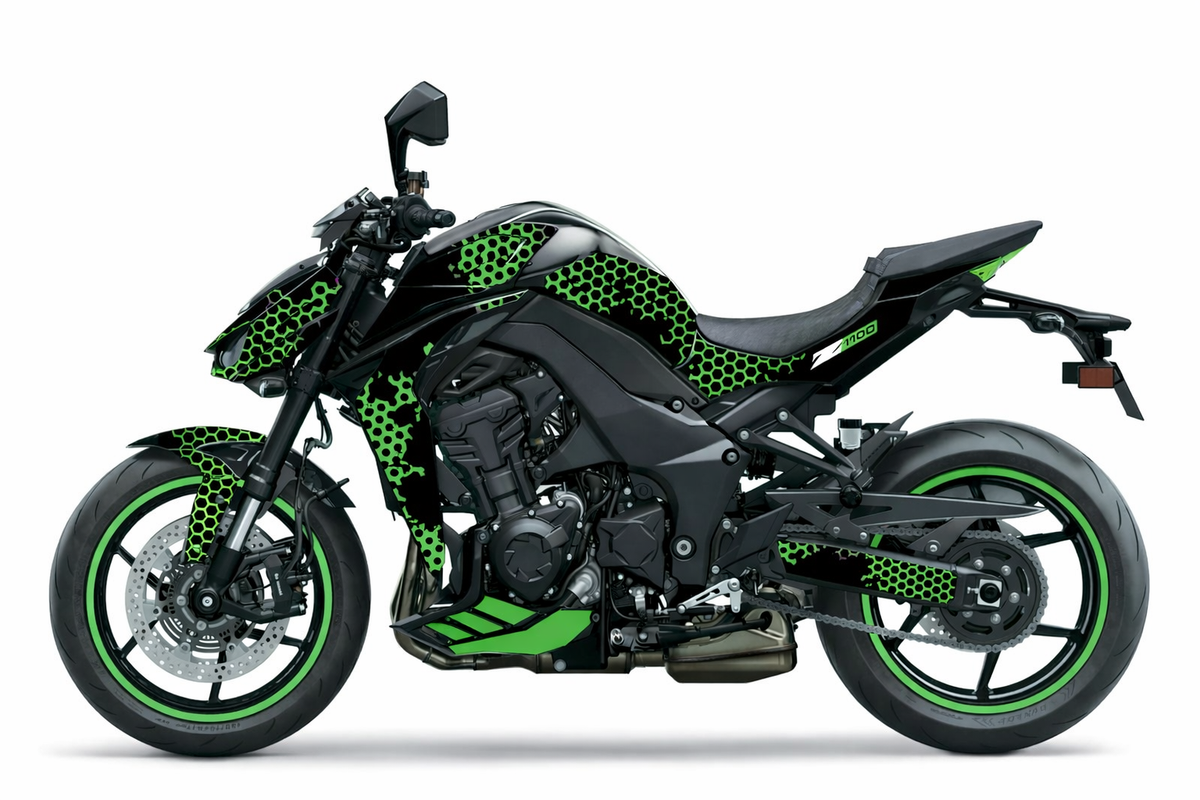 Kawasaki-Z-1100-Z1100-roadster-personnalisation-kit-deco-stickers-burn-out-design-Noir-WASP-Vert
