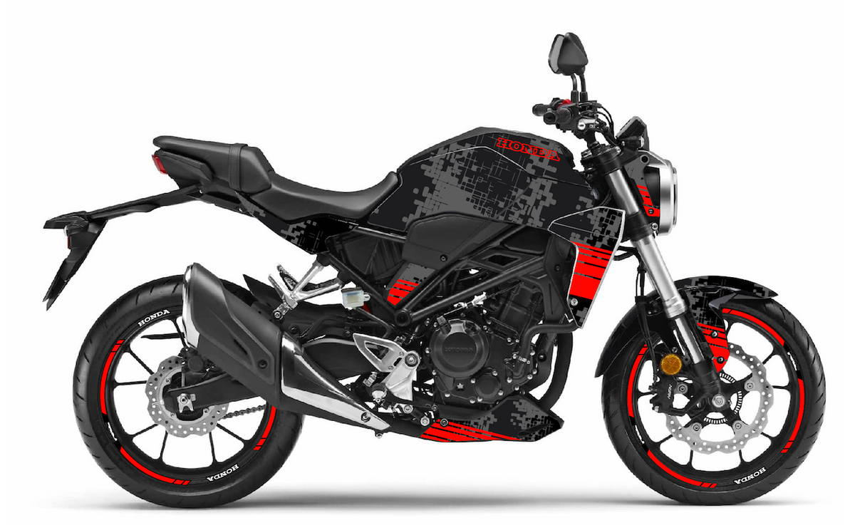 Kit Déco Honda CB125R & CB300R 2018-2023 – 6 Graphismes : PIXIE, ROCK, REPLICA, CAMO, GRAFIX, LINE VINTAGE | Made in France