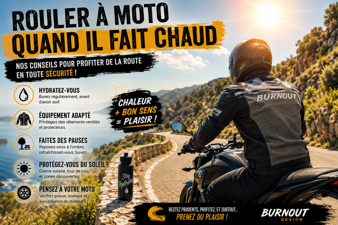 Motard équipé pour une sortie à moto par forte chaleur en été