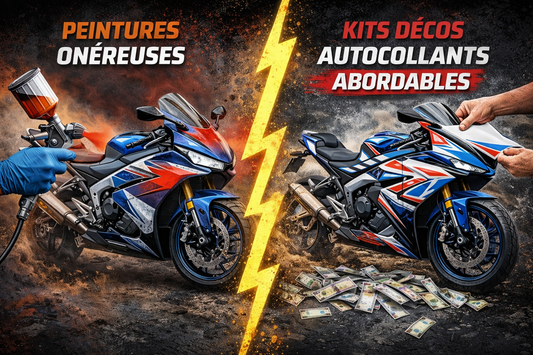 Kit déco moto autocollant Burn-Out Design vs peinture custom – stickers vinyle thermoformables repositionnables, lamination UV, fabriqués en France, pose 2-4h sans démontage