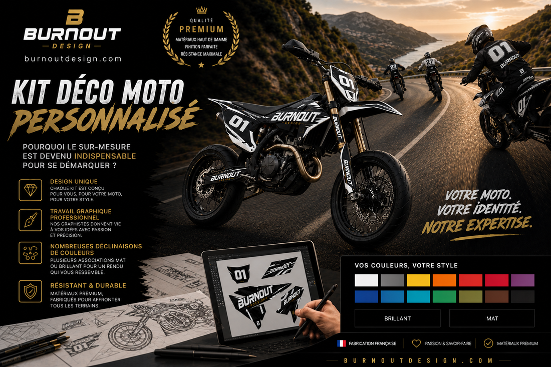 Kit déco moto artisanal Burn-Out Design – personnalisation et protection carénages