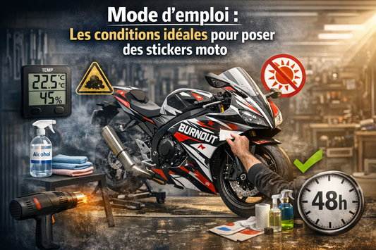 Guide de pose stickers moto Burn-Out Design – conditions idéales de température, propreté et humidité