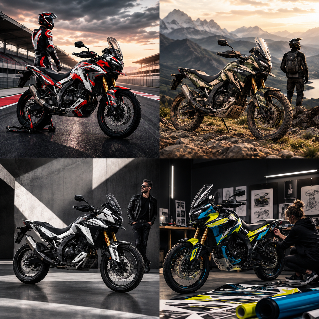 Kit déco moto illustrant quatre styles de personnalisation : racing, aventure, sobre et créatif