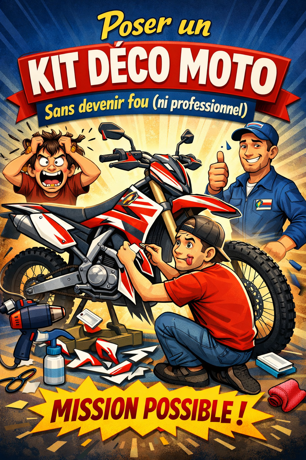 Pose d'un kit déco moto Burn-Out Design – adhésif repositionnable sans bulles, accessible aux non-professionnels