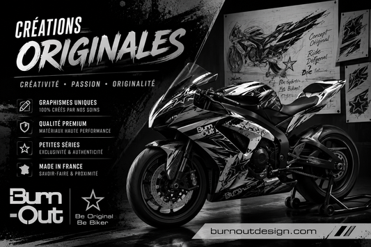 Kit déco moto personnalisé Burn-Out Design – création graphique premium, stickers vinyle HD fabriqués en France