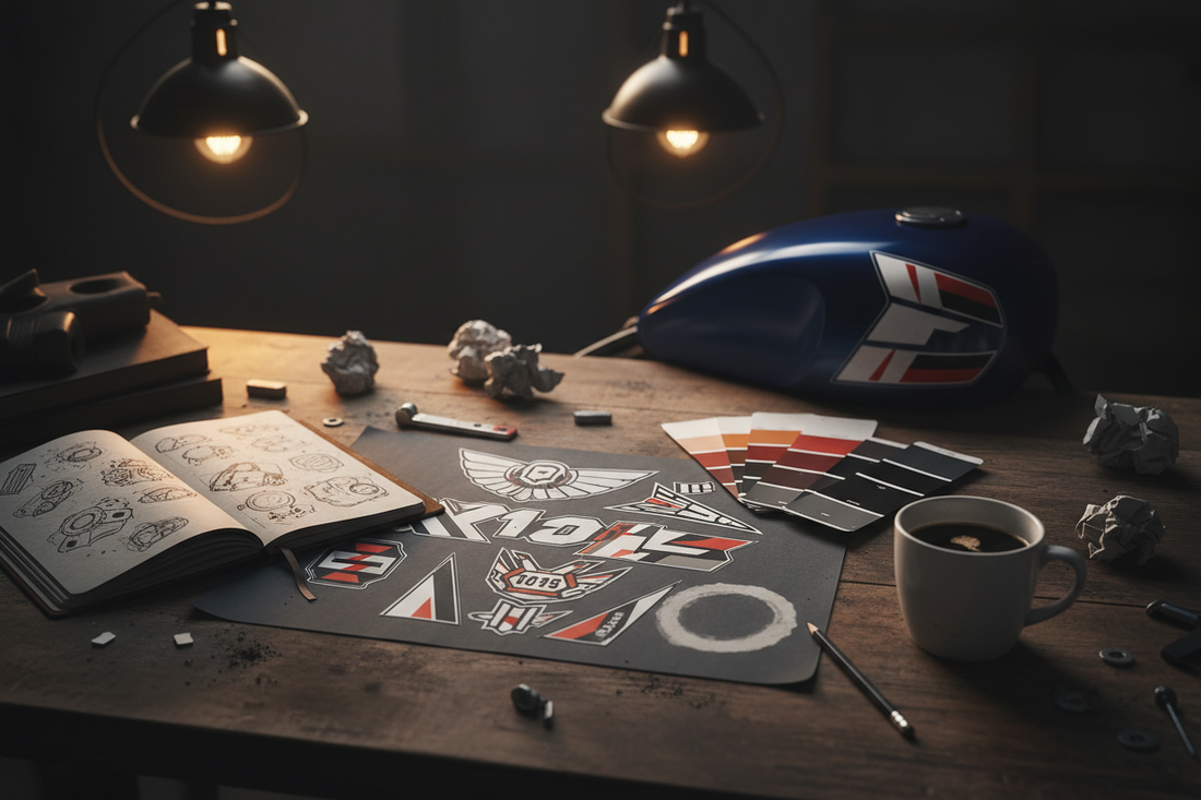Création d’un kit déco moto chez Burn-Out-Design – processus de design graphique studio, inspiration et fabrication artisanale Made in France