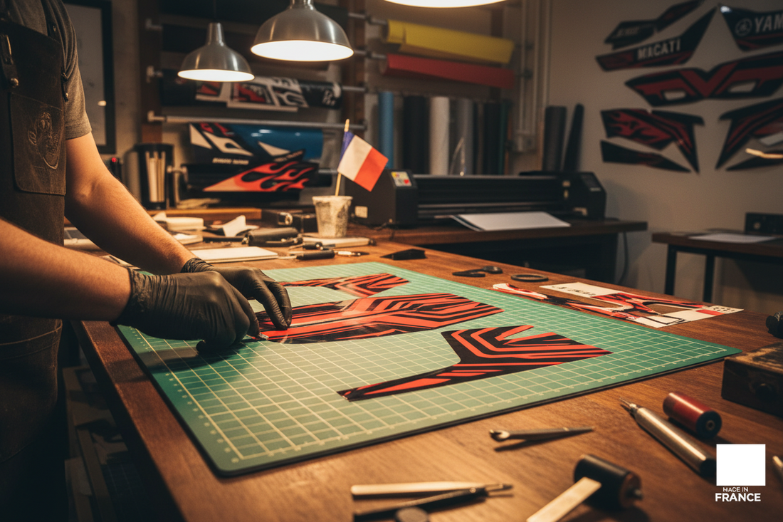 Atelier de fabrication de kits déco moto Burn-Out-Design – impression et découpe 100% Made in France, sans sous-traitance