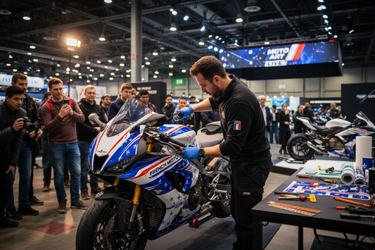 Pose d’un kit déco moto Burn-Out-Design en direct devant le public – démonstration qualité adhésif premium et facilité d’installation