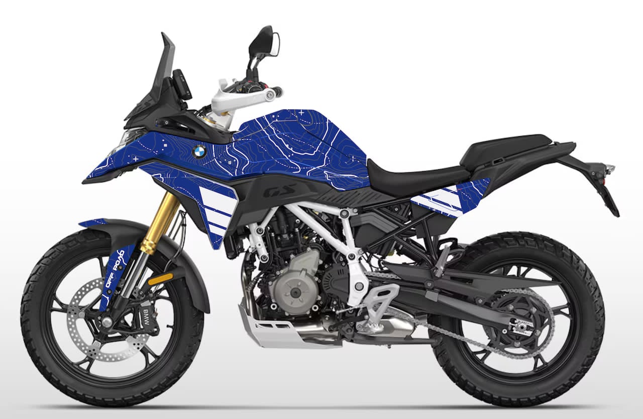 Kit déco BMW F 450 GS 2026 design TOPO coloris GS Trophy bleu – lignes topographiques blanches – Burn-Out Design France