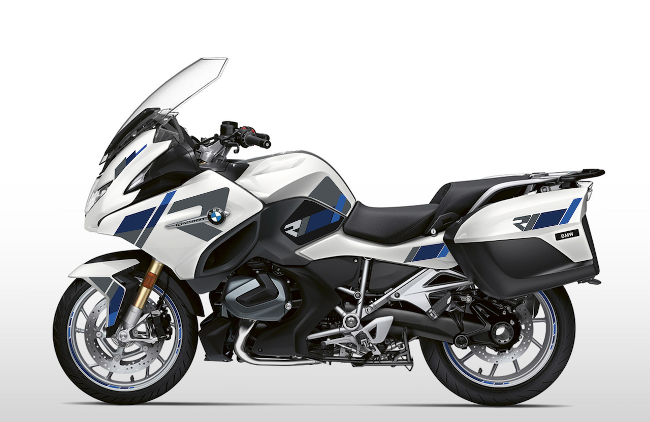Kit déco stickers BMW R 1200 RT / R 1250 RT – Design R Power Bleu & Gris sur carrosserie blanche – Burn-Out Design