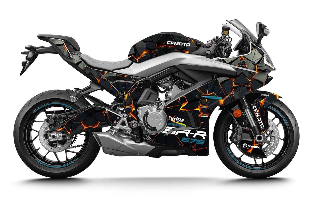 CFMOTO-MOTO-675-SR-675SRR-personnalisation-kit-deco-stickers-burn-out-design-MAGMA-Noir lave en fusion