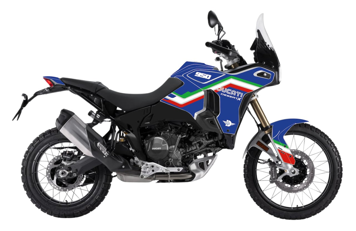 DUCATI-DESERTX-TRAIL-MOTO-V2-2026-personnalisation-kit-deco-stickers-burn-out-design-ANNIVERSARY-Bleu