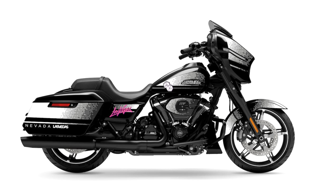 HARLEY-DAVIDSON-STREET-GLIDE-FLHX-personnalisation-kit-deco-stickers-burn-out-design-LAS-VEGAS-Noir-Blanc