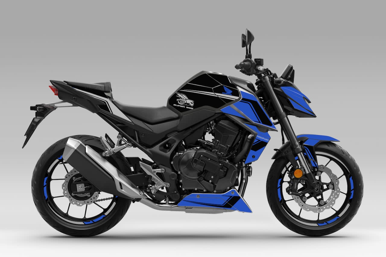 HONDA-CB-HORNET-750-personnalisation-stickers-kit-deco-burn-out-design-SUPERBEE-Noir-Bleu