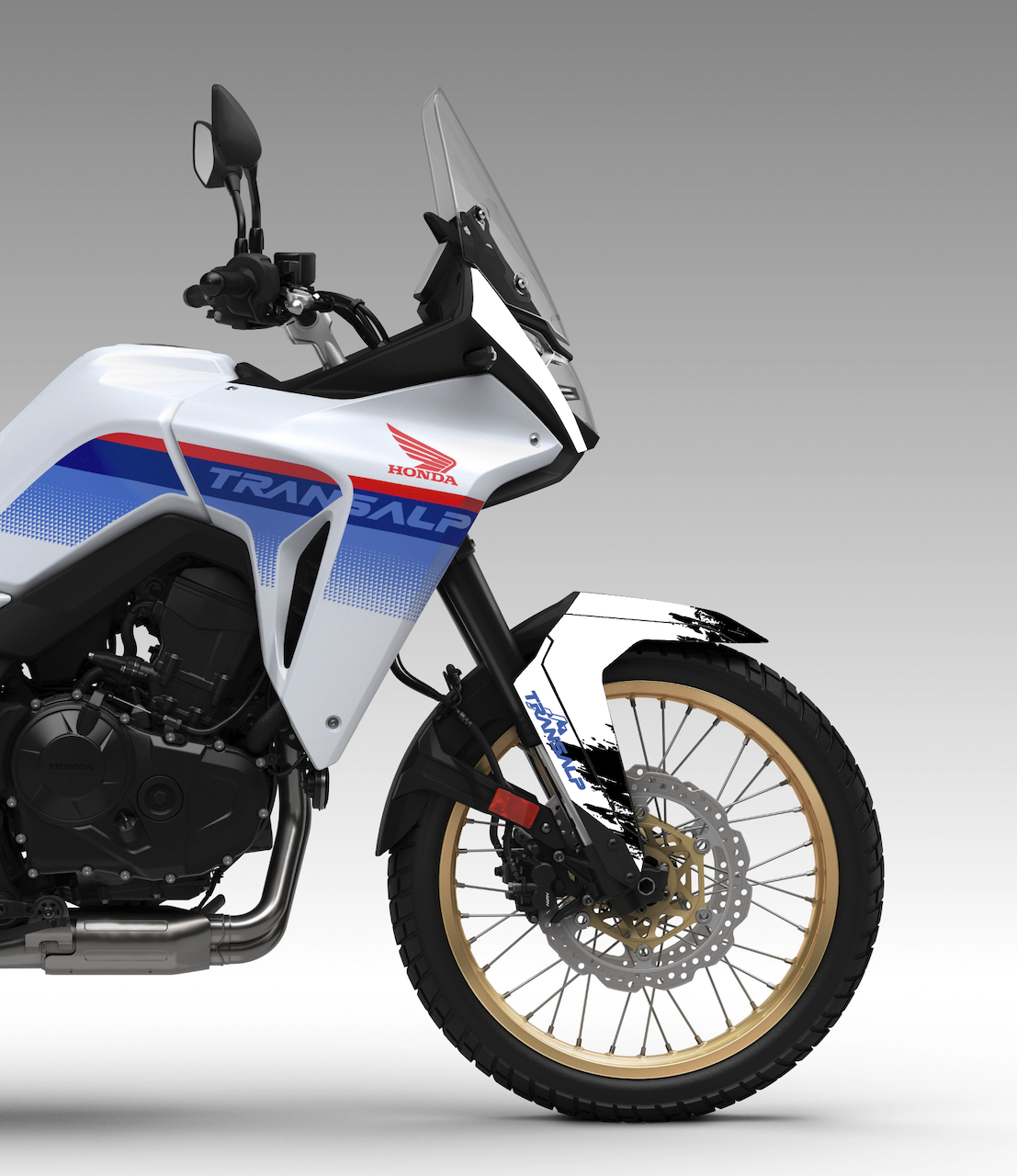 honda transalp 750 blanche garde-boue avant tête de fourche stickers noir blanc origine trace  burn-out design