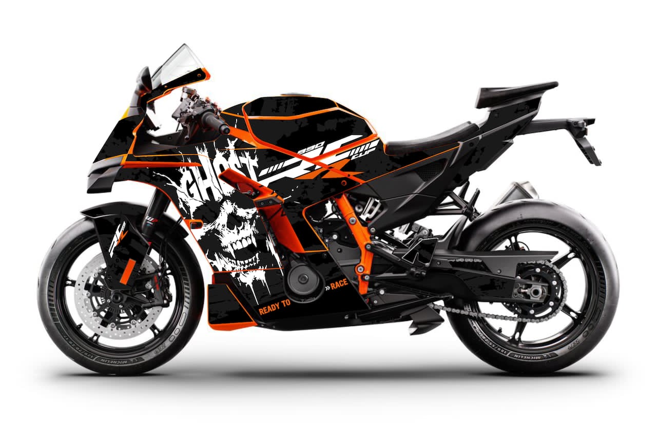 Kit déco KTM RC 990 R 2025 stickers GHOST Black sur orange— Burn-Out-Design