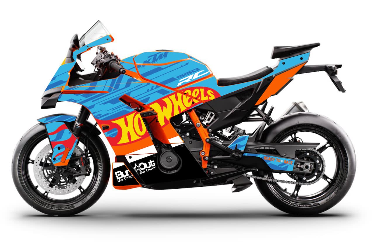 Kit déco KTM RC 990 R 2025 stickers HOTWHEELS racing sur orange— Burn-Out-Design