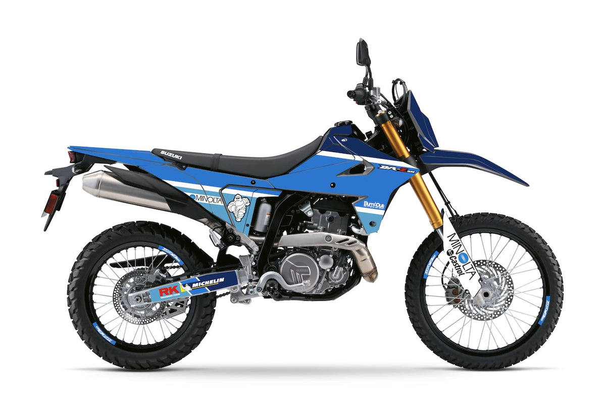  Kit déco Suzuki DR-Z4S DR-Z4SM design MINOLTA Bleu – stickers rétro racing Burn-Out-Design 