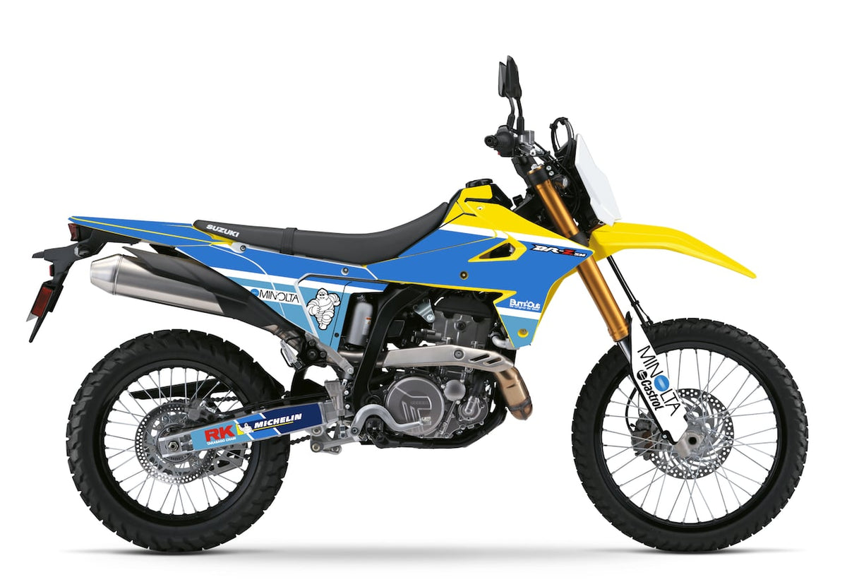  Kit déco Suzuki DR-Z4S DR-Z4SM design MINOLTA Bleu Jaune – stickers rétro racing Burn-Out-Design 