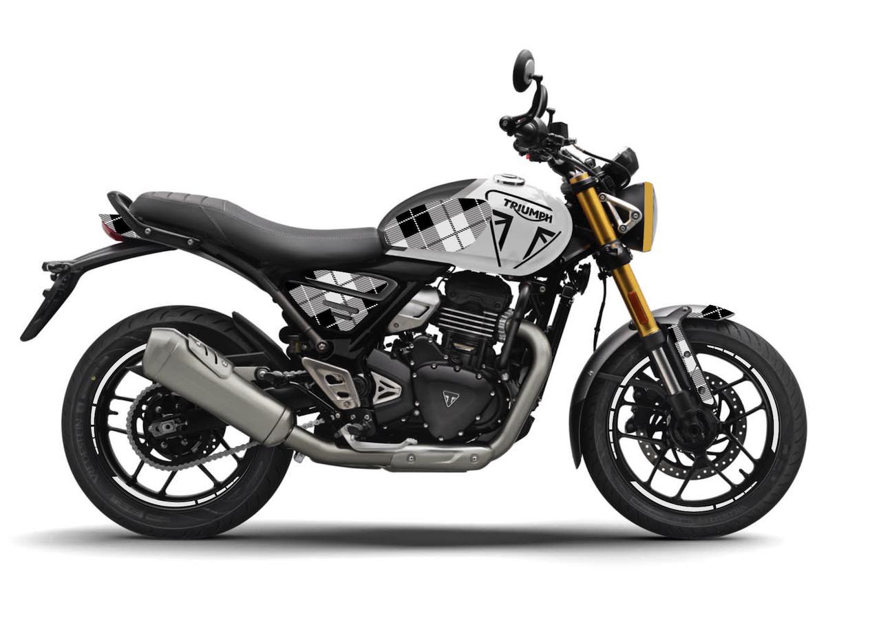 TRIUMPH SPEED 400 HIGHLANDS kit deco stickers personnalisation burn out design blanc gris