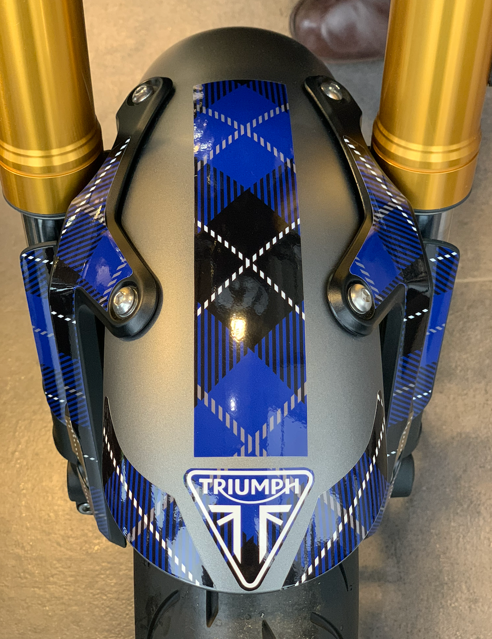 TRIUMPH SPEED 400 HIGHLANDS kit deco stickers personnalisation burn out design bleu photo