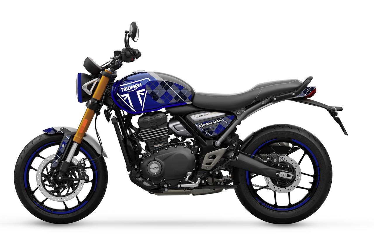 TRIUMPH SPEED 400 HIGHLANDS kit deco stickers personnalisation burn out design bleu  blanc
