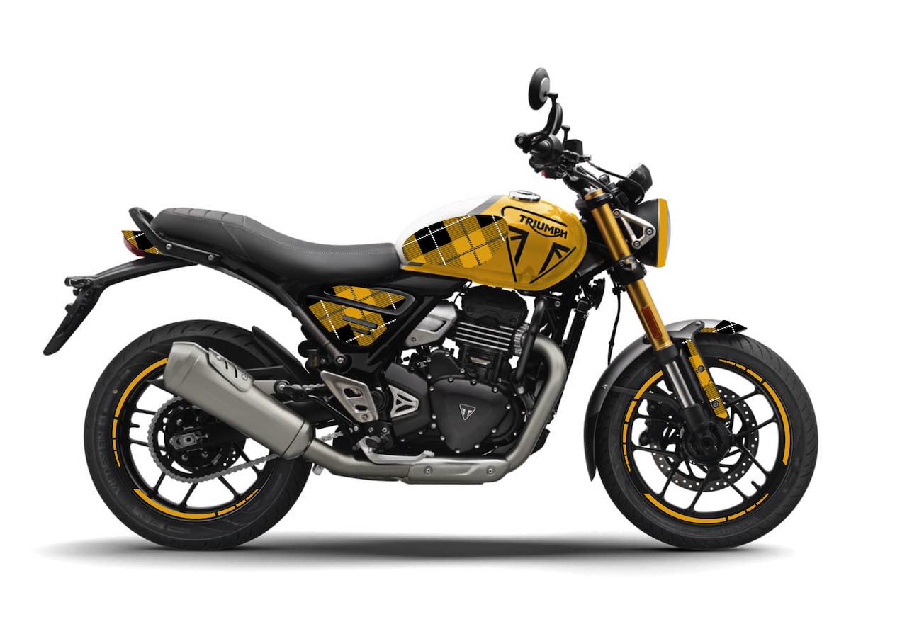 TRIUMPH SPEED 400 HIGHLANDS kit deco stickers personnalisation burn out design jaune