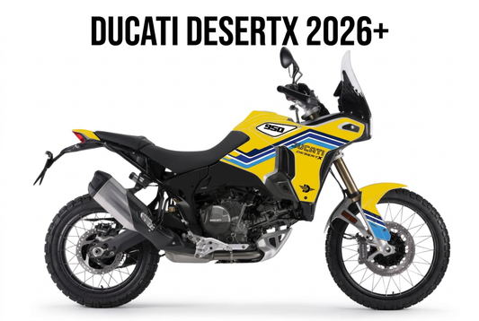 Ducati DesertX décorée jaune et bleue avec le titre DUCATI DESERTX 2026+