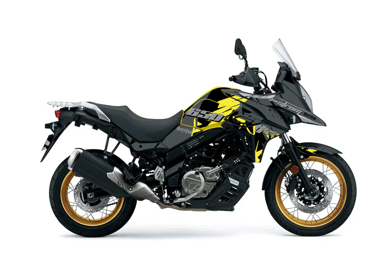 SUZUKI-DL-VSTROM-650XT-650-trail-personnalisation-kit-deco-stickers-burn-out-design-adventure-jaune-gris